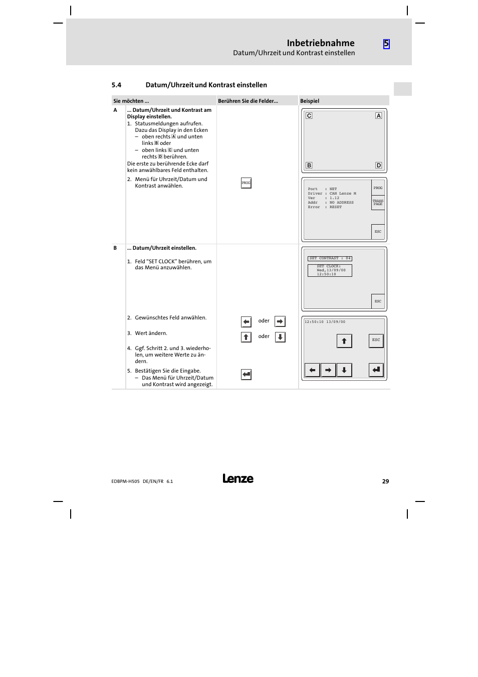 4 datum/uhrzeit und kontrast einstellen, Datum/uhrzeit und kontrast einstellen, Inbetriebnahme | Lenze EPM−H507 User Manual | Page 29 / 136