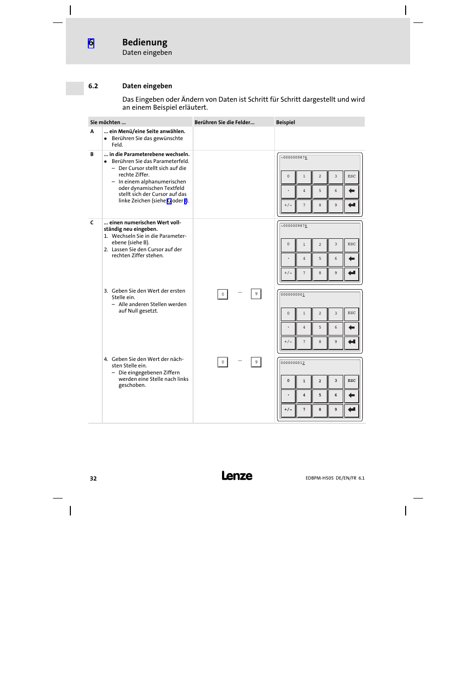 2 daten eingeben, Daten eingeben, Bedienung | Lenze EPM−H507 User Manual | Page 32 / 136