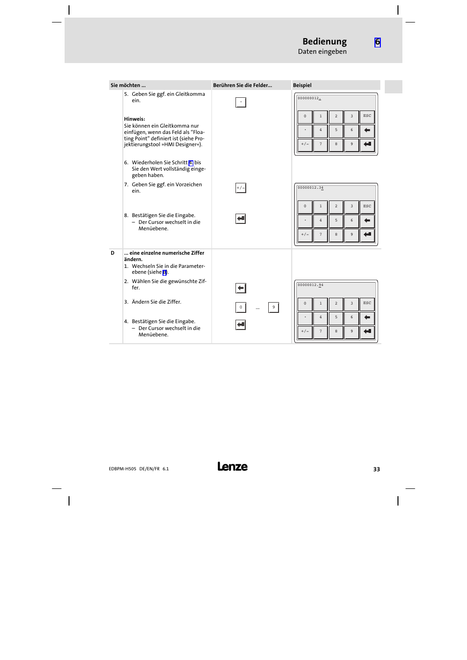 Bedienung, Daten eingeben | Lenze EPM−H507 User Manual | Page 33 / 136