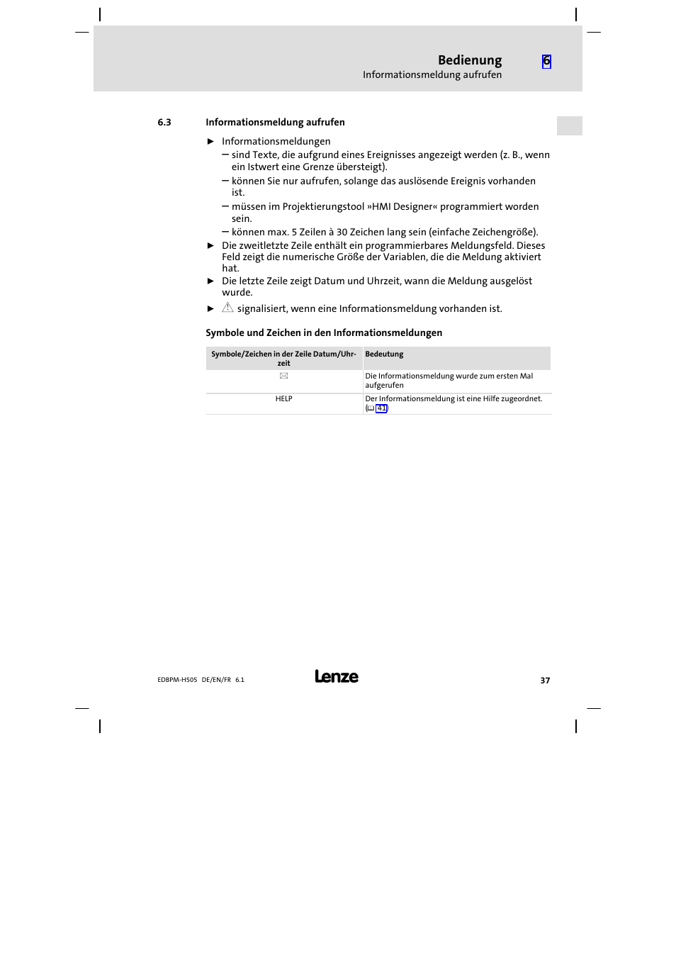 3 informationsmeldung aufrufen, Informationsmeldung aufrufen, Bedienung | Lenze EPM−H507 User Manual | Page 37 / 136