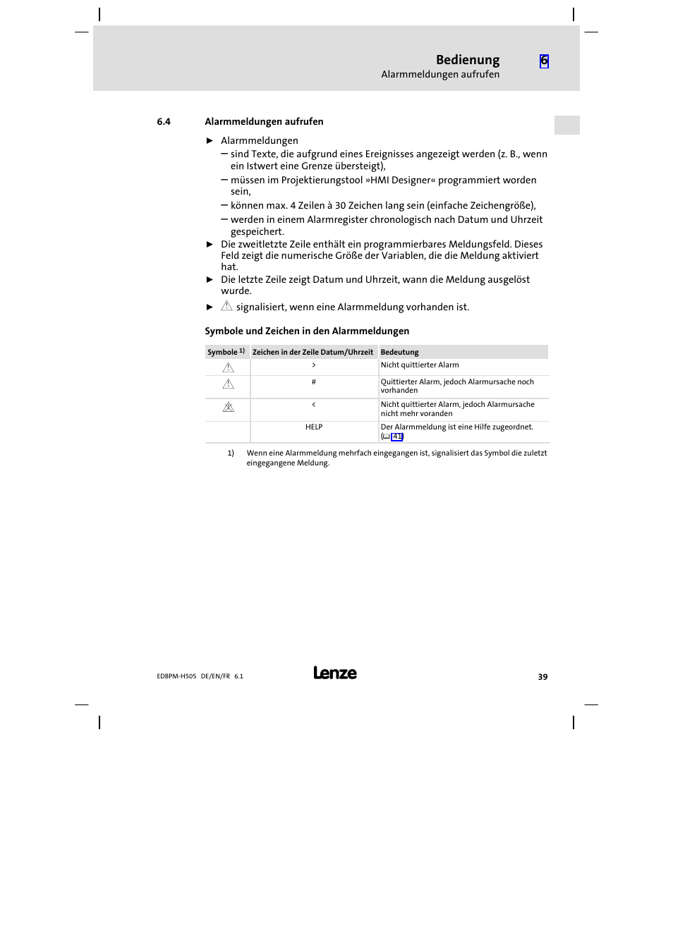 4 alarmmeldungen aufrufen, Alarmmeldungen aufrufen, Bedienung | Lenze EPM−H507 User Manual | Page 39 / 136