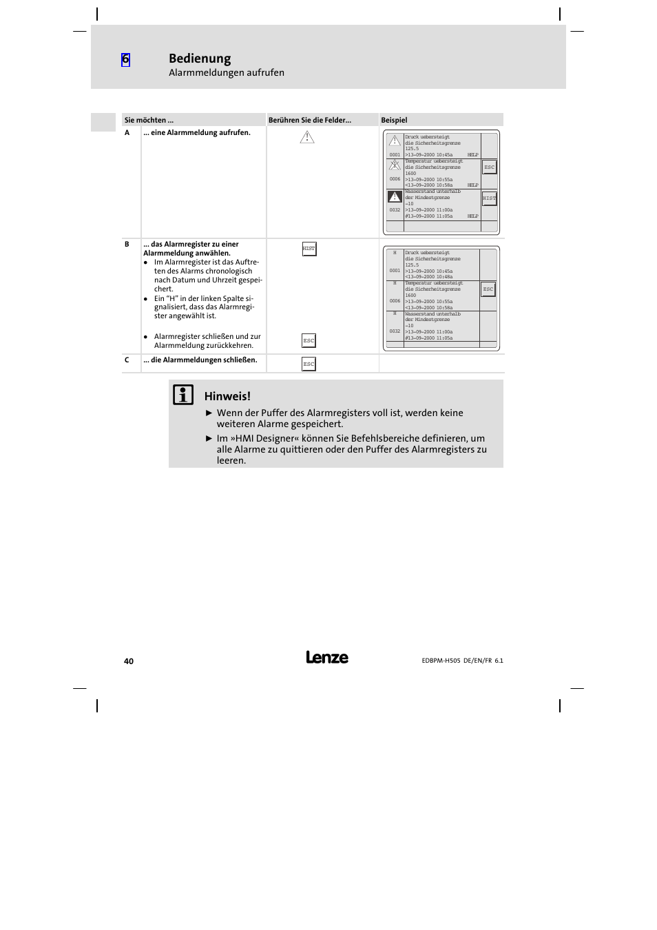 Bedienung, Hinweis | Lenze EPM−H507 User Manual | Page 40 / 136
