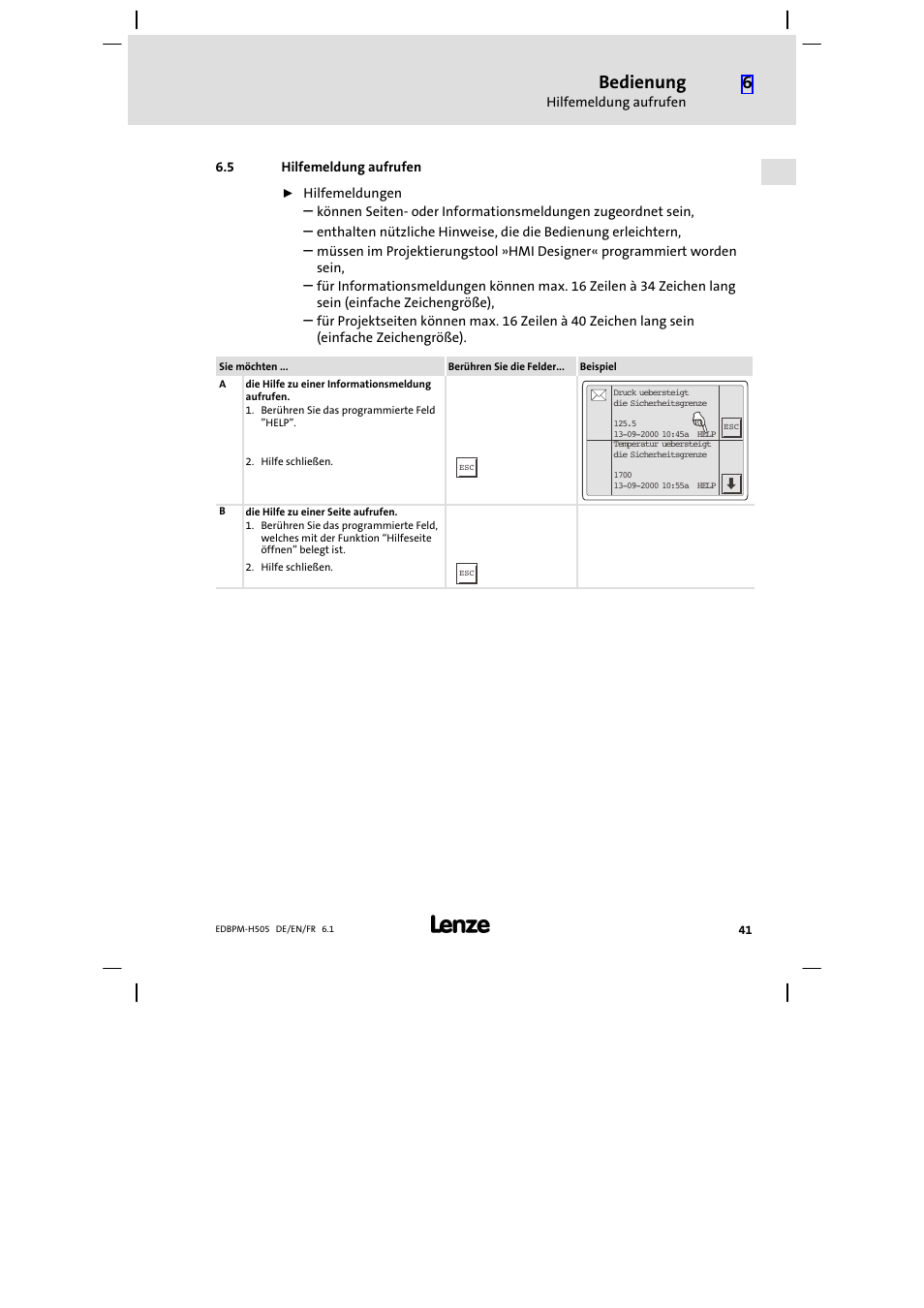 5 hilfemeldung aufrufen, Hilfemeldung aufrufen, Bedienung | Lenze EPM−H507 User Manual | Page 41 / 136