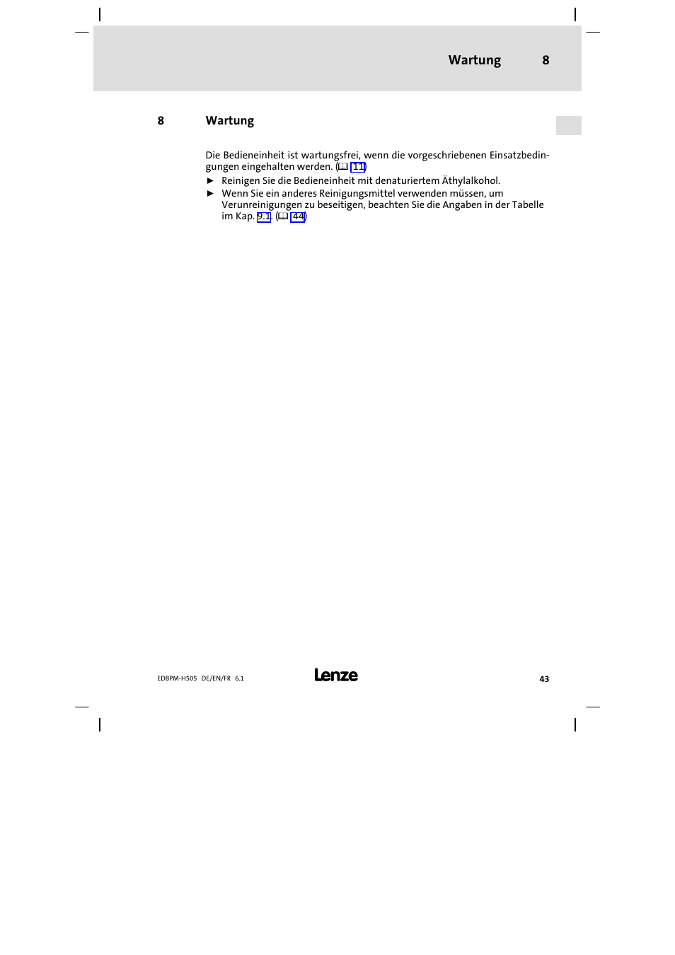 8 wartung, Wartung, Wartung 8 | Lenze EPM−H507 User Manual | Page 43 / 136