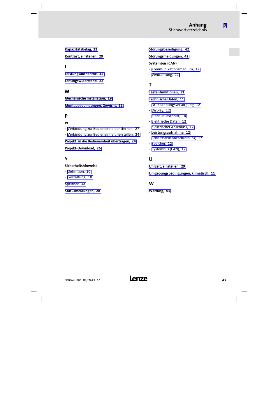 Anhang | Lenze EPM−H507 User Manual | Page 47 / 136
