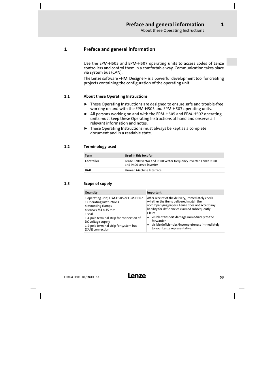 1 preface and general information, 1 about these operating instructions, 2 terminology used | 3 scope of supply, Preface and general information, About these operating instructions, Terminology used, Scope of supply, 1preface and general information | Lenze EPM−H507 User Manual | Page 53 / 136