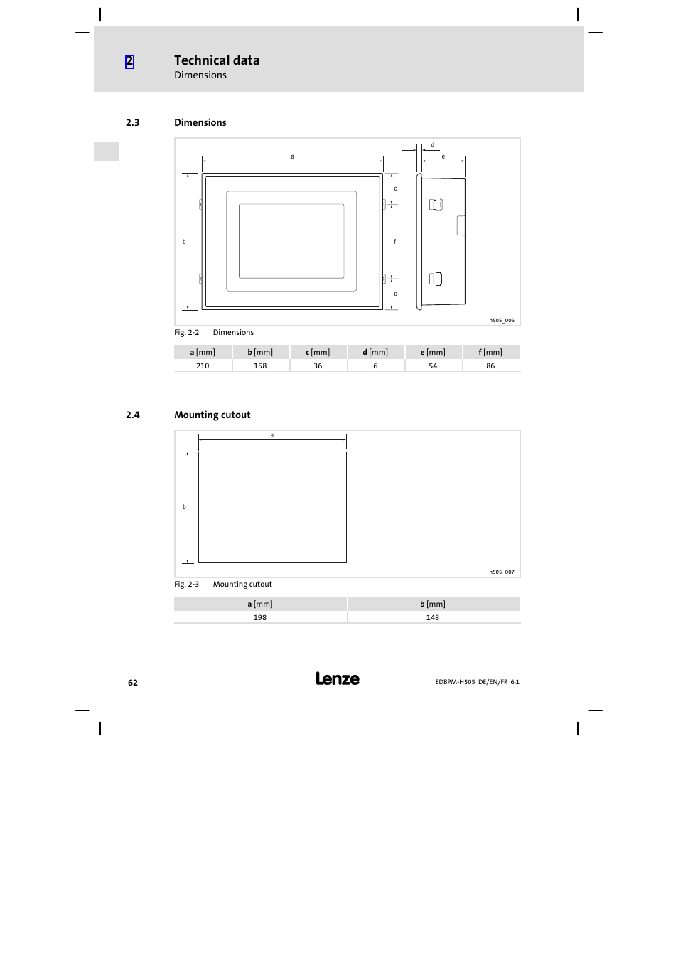 3 dimensions, 4 mounting cutout, Dimensions | Mounting cutout, Technical data | Lenze EPM−H507 User Manual | Page 62 / 136