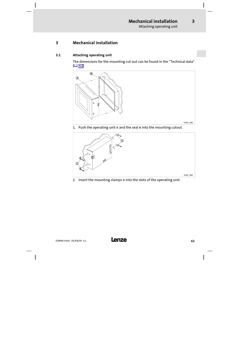 3 mechanical installation, 1 attaching operating unit, Mechanical installation | Attaching operating unit | Lenze EPM−H507 User Manual | Page 63 / 136