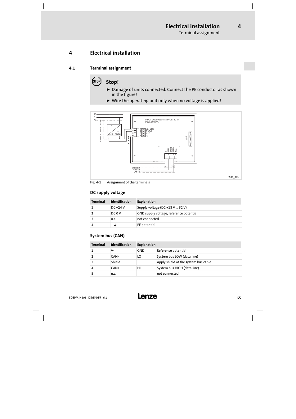 4 electrical installation, 1 terminal assignment, Electrical installation | Terminal assignment, 4electrical installation, Stop, Dc supply voltage, System bus (can) | Lenze EPM−H507 User Manual | Page 65 / 136