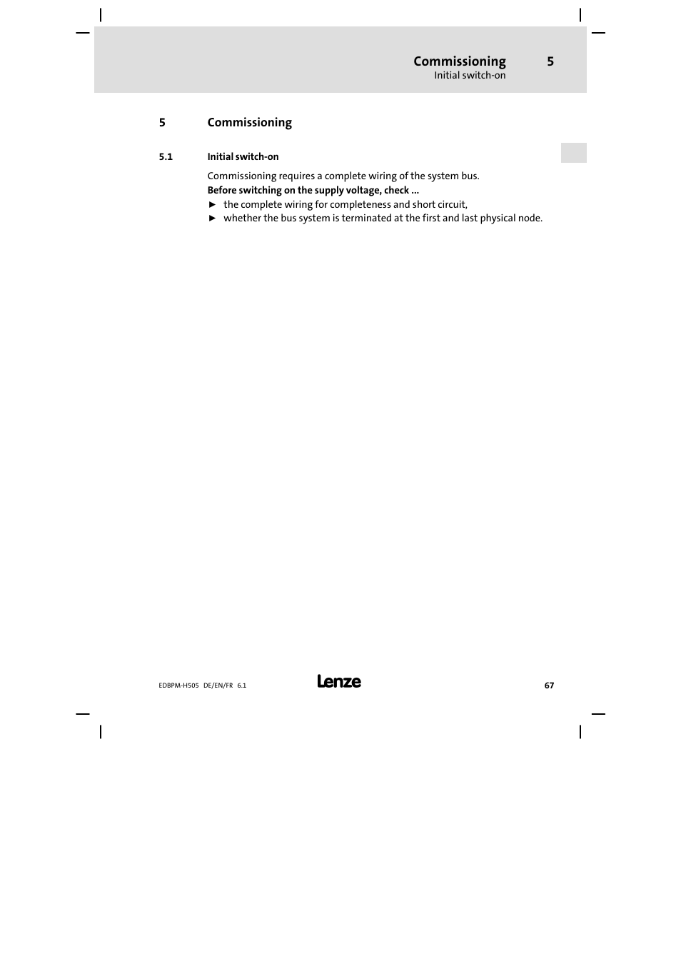 5 commissioning, 1 initial switch-on, Commissioning | Initial switch−on | Lenze EPM−H507 User Manual | Page 67 / 136