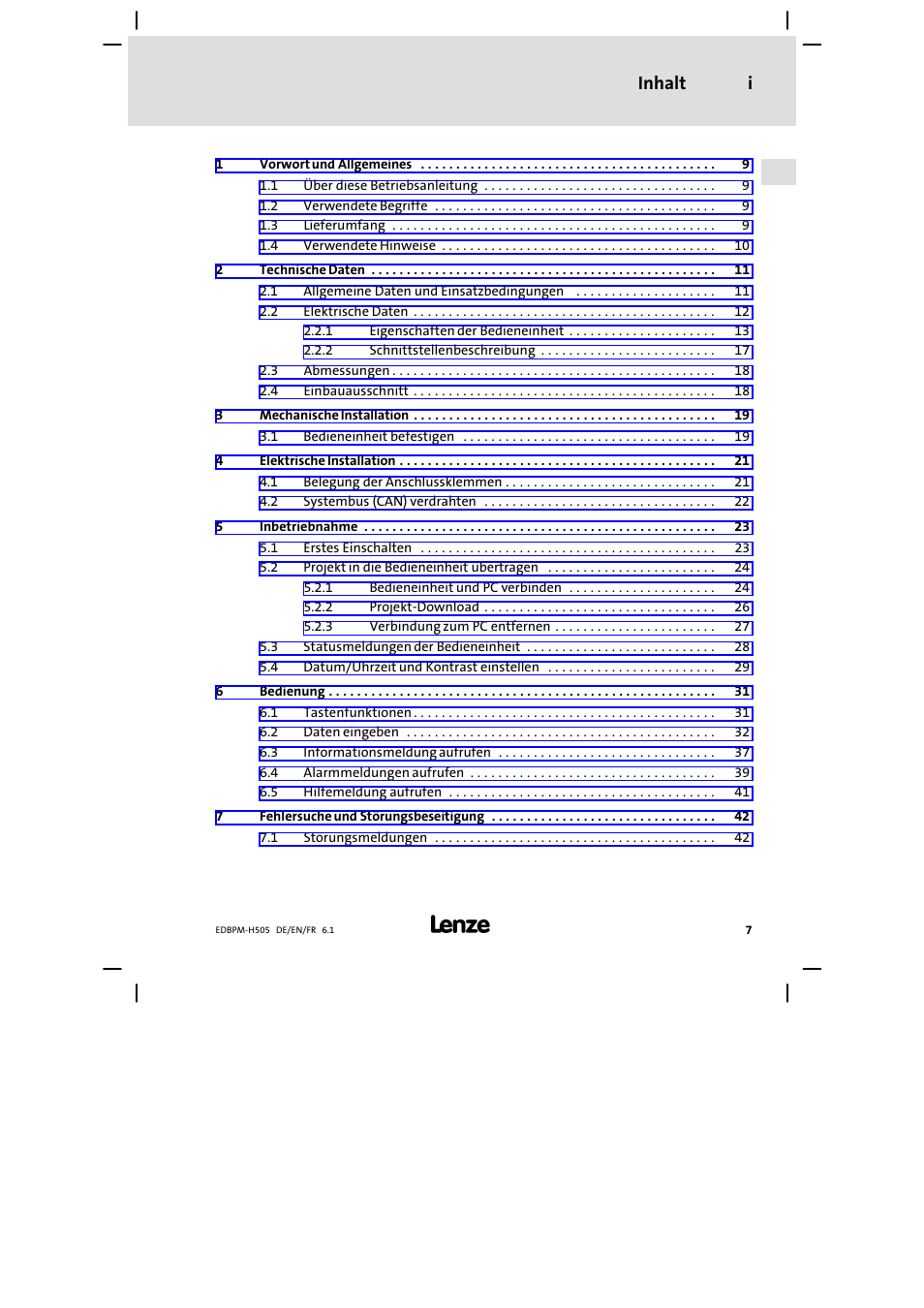 Inhalt, Inhalt i | Lenze EPM−H507 User Manual | Page 7 / 136
