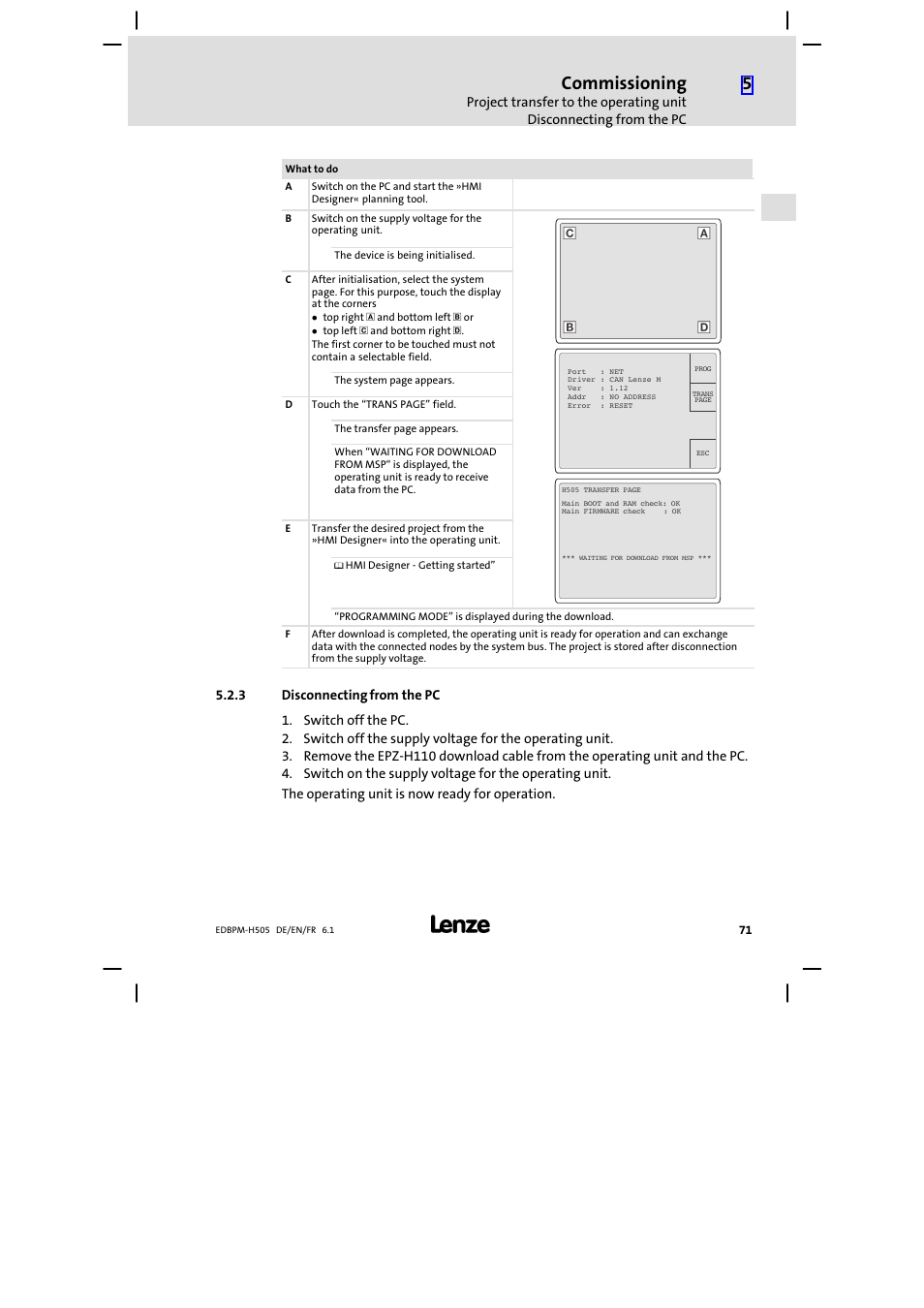 3 disconnecting from the pc, Disconnecting from the pc, Commissioning | Lenze EPM−H507 User Manual | Page 71 / 136