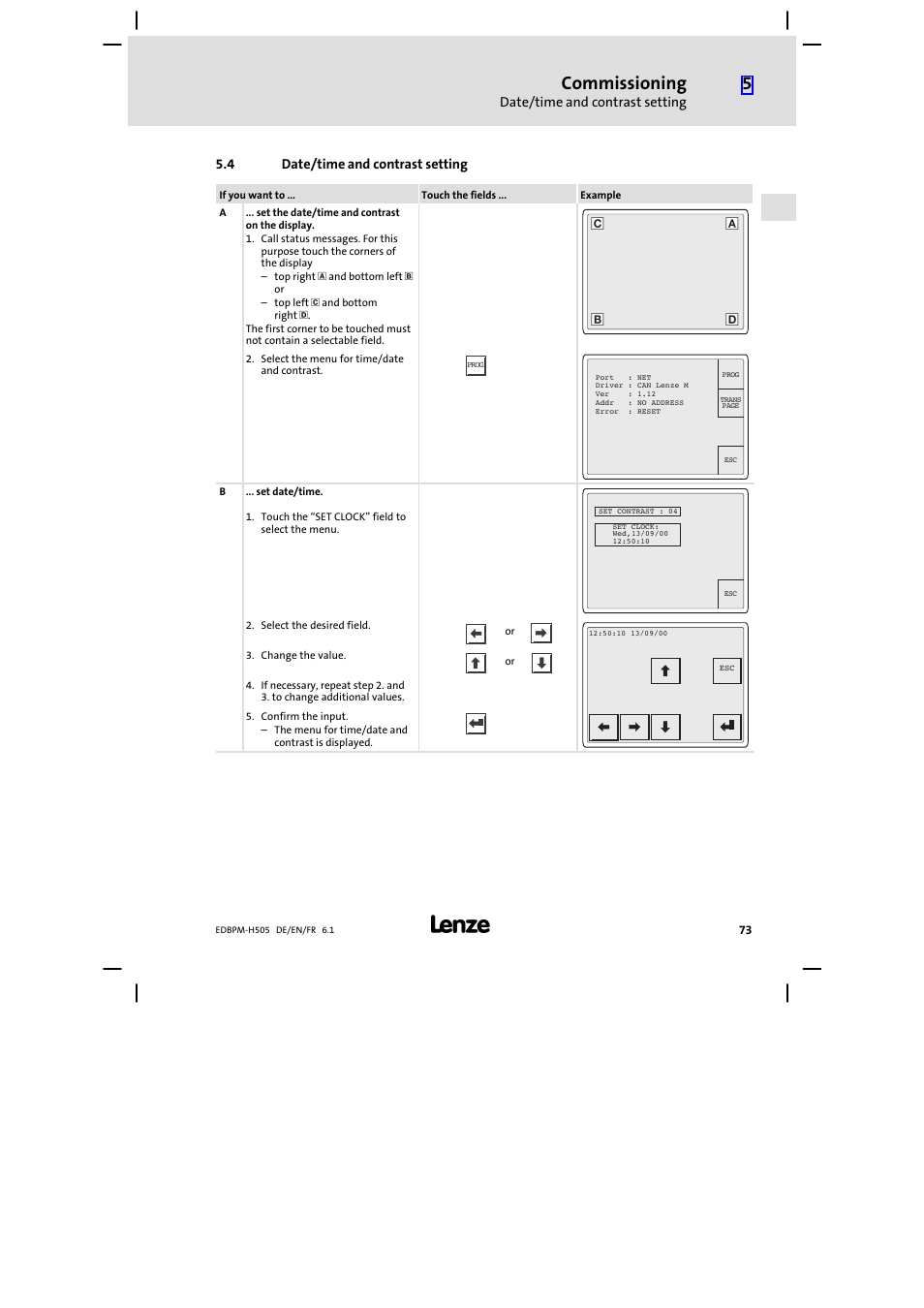 4 date/time and contrast setting, Date/time and contrast setting, Commissioning | Lenze EPM−H507 User Manual | Page 73 / 136