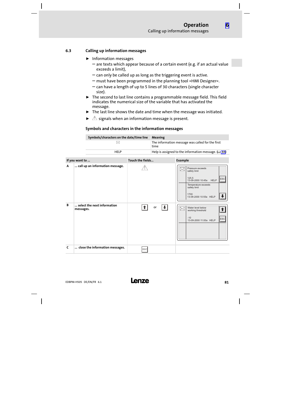 3 calling up information messages, Calling up information messages, Operation | Lenze EPM−H507 User Manual | Page 81 / 136