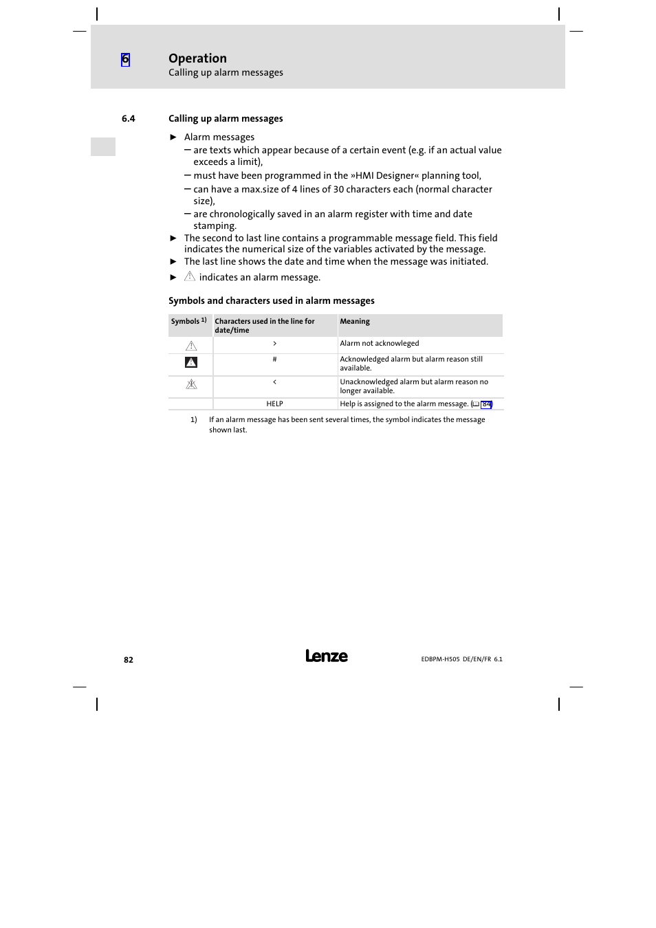 4 calling up alarm messages, Calling up alarm messages, Operation | Lenze EPM−H507 User Manual | Page 82 / 136