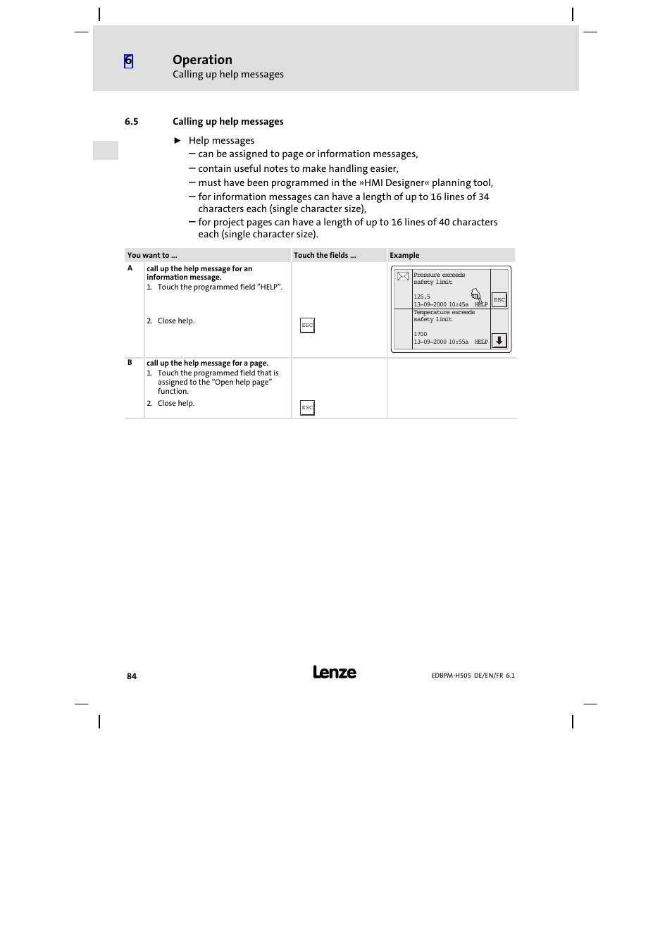 5 calling up help messages, Calling up help messages, Operation | Lenze EPM−H507 User Manual | Page 84 / 136