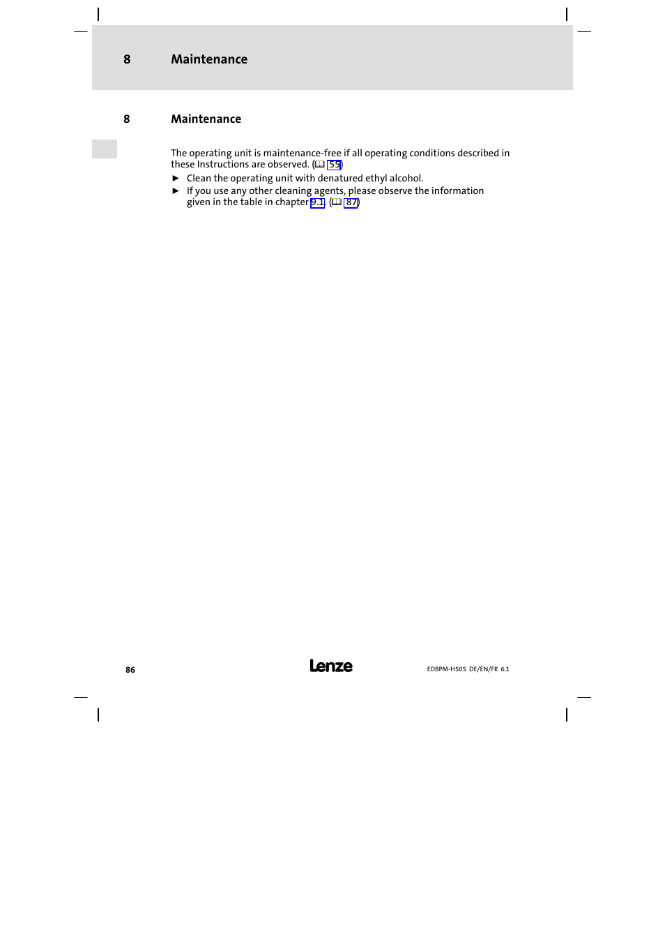 8 maintenance, Maintenance, Maintenance 8 | Lenze EPM−H507 User Manual | Page 86 / 136