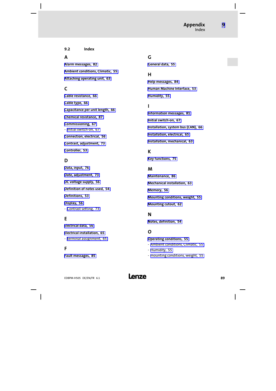 2 index, Index, Appendix | Lenze EPM−H507 User Manual | Page 89 / 136