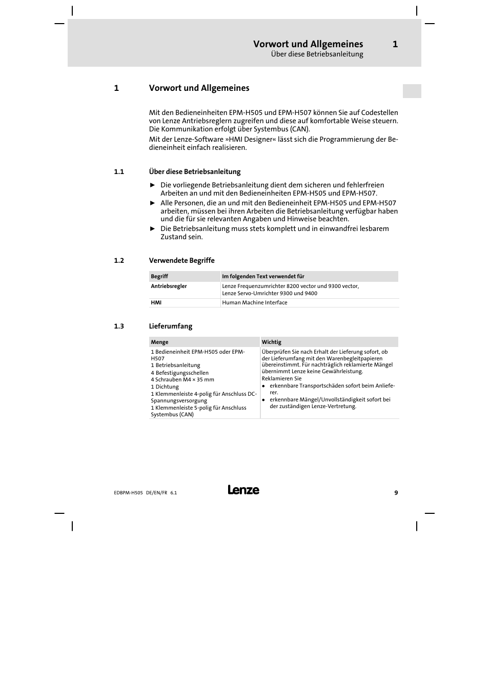 1 vorwort und allgemeines, 1 über diese betriebsanleitung, 2 verwendete begriffe | 3 lieferumfang, Vorwort und allgemeines, Über diese betriebsanleitung, Verwendete begriffe, Lieferumfang, 1vorwort und allgemeines | Lenze EPM−H507 User Manual | Page 9 / 136
