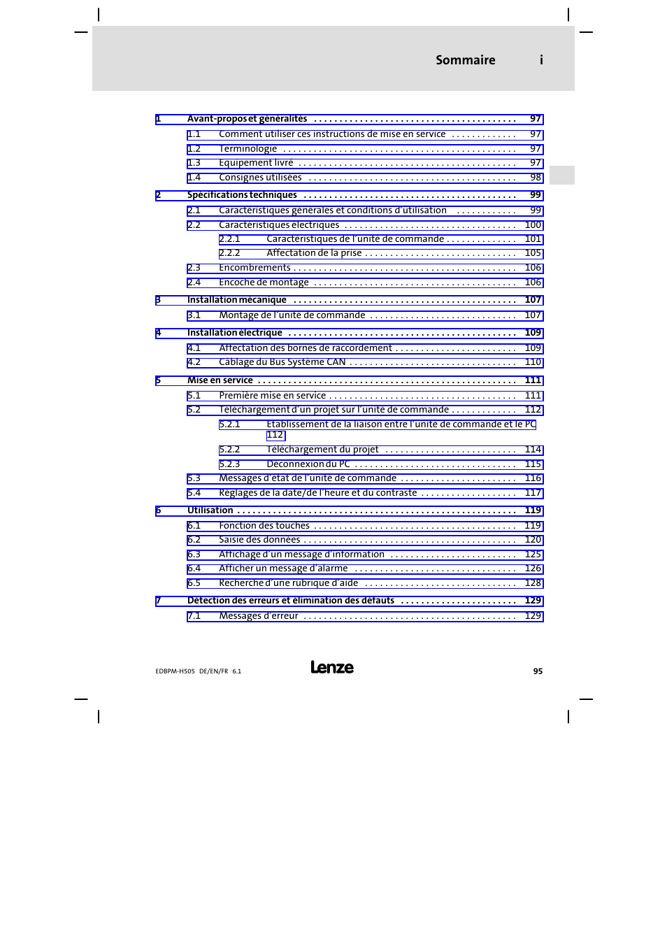 Sommaire, Sommaire i | Lenze EPM−H507 User Manual | Page 95 / 136