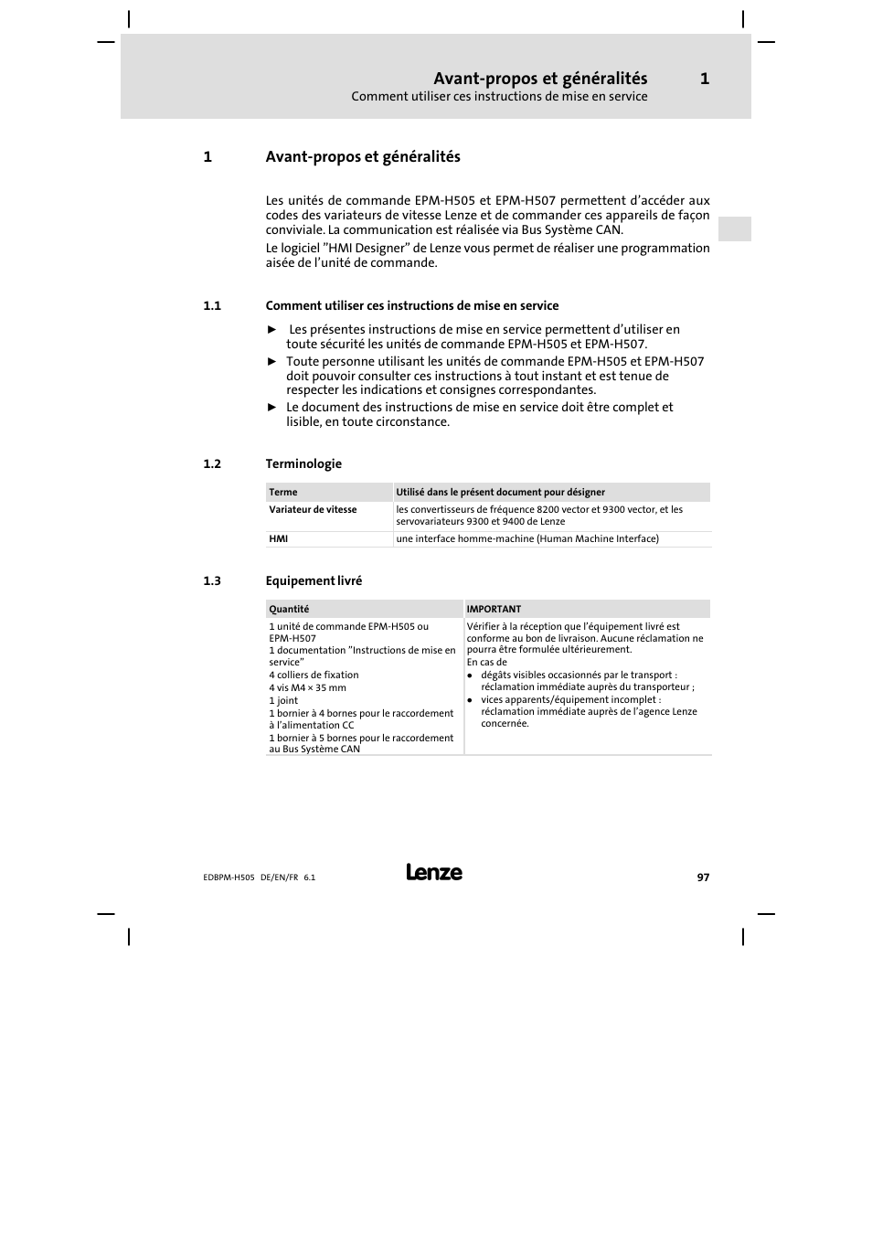 1 avant-propos et généralités, 2 terminologie, 3 equipement livré | Avant−propos et généralités, Terminologie, Equipement livré, 1avant−propos et généralités | Lenze EPM−H507 User Manual | Page 97 / 136
