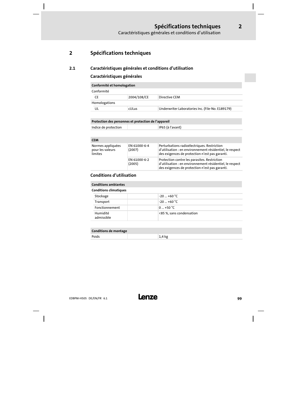 2 spécifications techniques, Spécifications techniques, 2spécifications techniques | Lenze EPM−H507 User Manual | Page 99 / 136