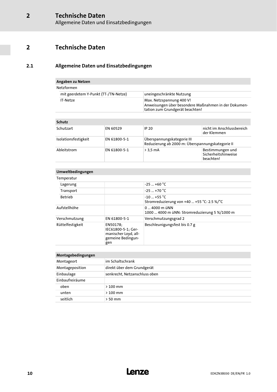 2 technische daten, 1 allgemeine daten und einsatzbedingungen, Technische daten | Allgemeine daten und einsatzbedingungen, 2technische daten | Lenze EZN3B0110H030U User Manual | Page 10 / 46