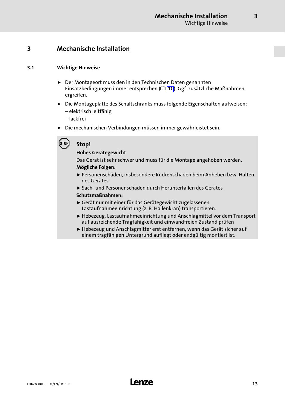 3 mechanische installation, 1 wichtige hinweise, Mechanische installation | Wichtige hinweise, 3mechanische installation | Lenze EZN3B0110H030U User Manual | Page 13 / 46