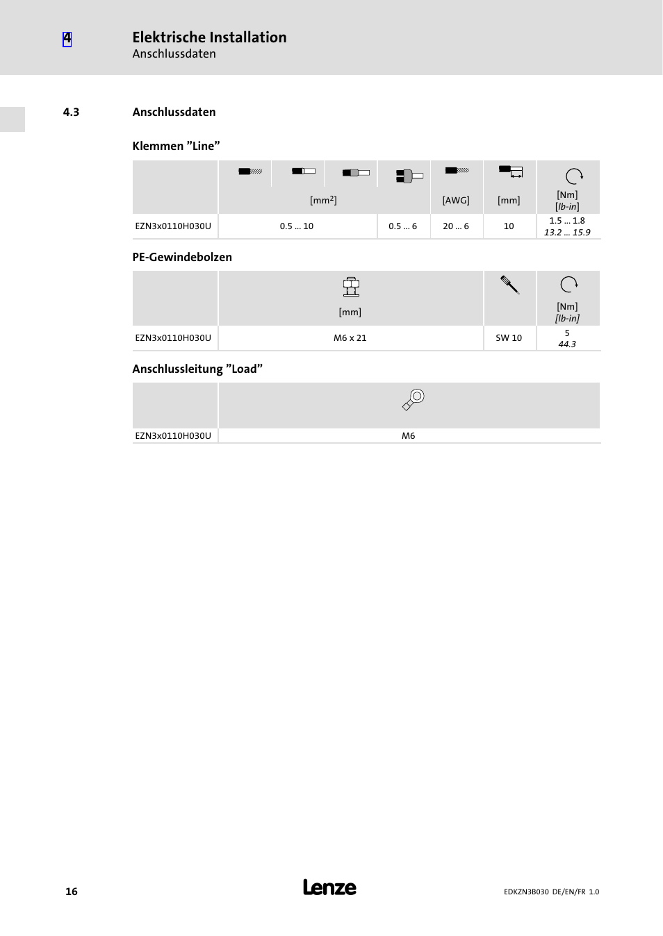 3 anschlussdaten, Anschlussdaten, Elektrische installation | Lenze EZN3B0110H030U User Manual | Page 16 / 46