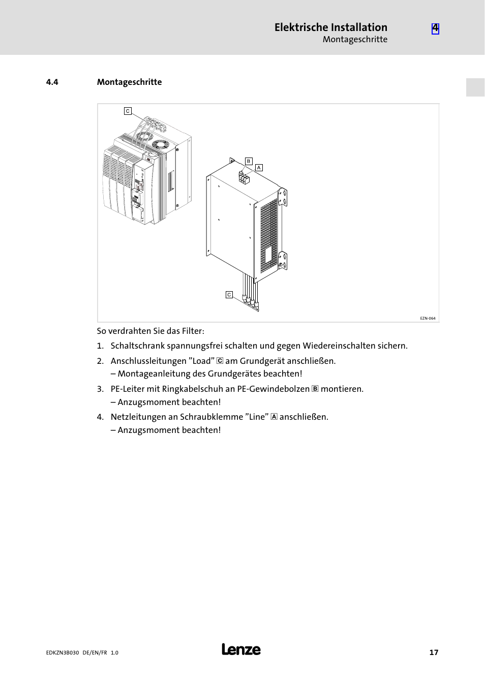 4 montageschritte, Montageschritte, Elektrische installation | Lenze EZN3B0110H030U User Manual | Page 17 / 46