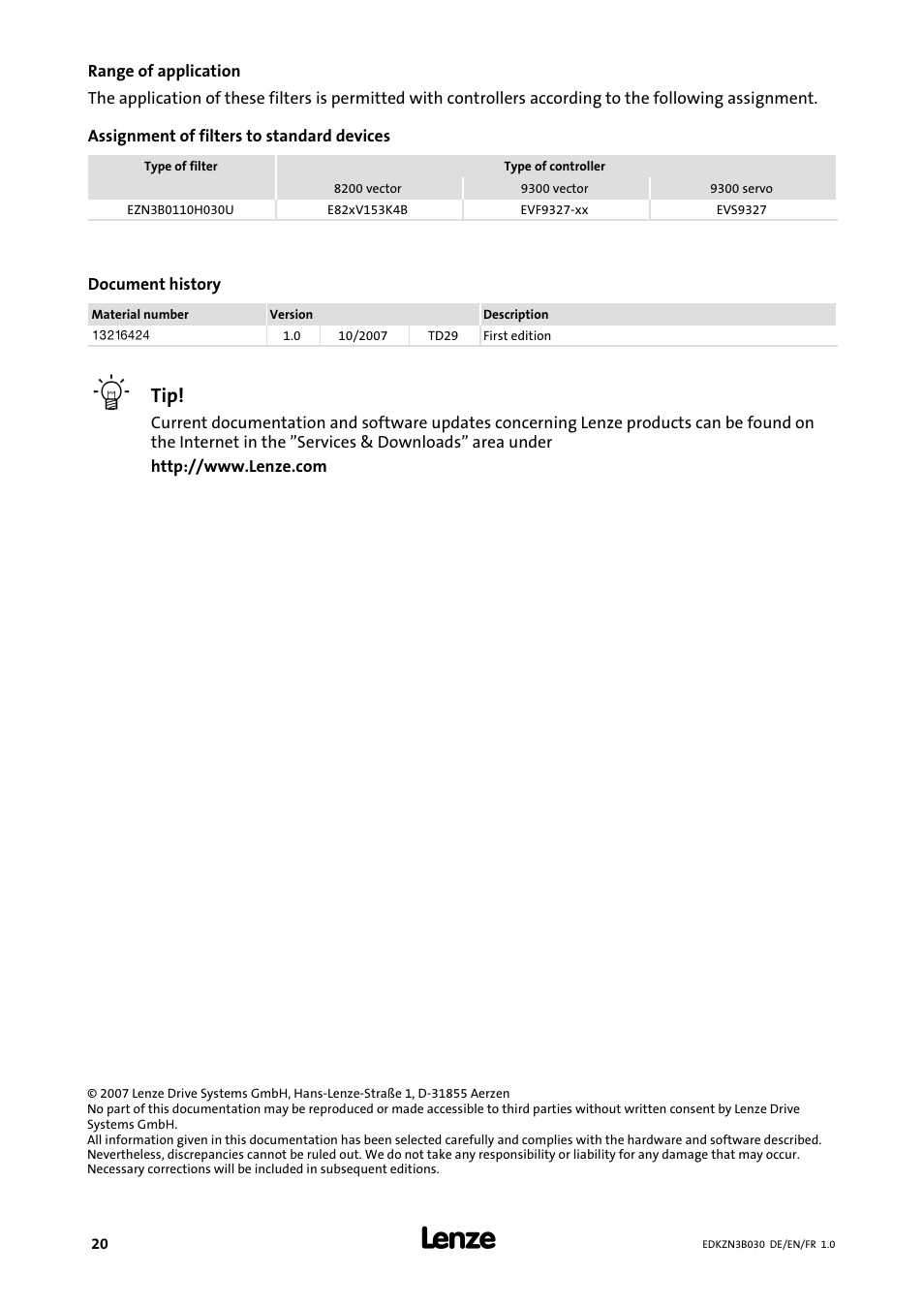 Range of application | Lenze EZN3B0110H030U User Manual | Page 20 / 46