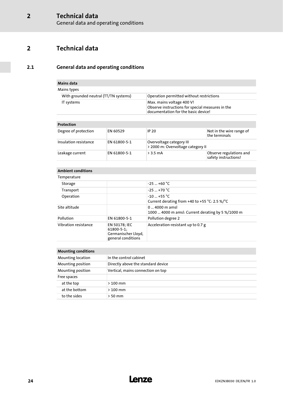 2 technical data, 1 general data and operating conditions, Technical data | General data and operating conditions, 2technical data | Lenze EZN3B0110H030U User Manual | Page 24 / 46