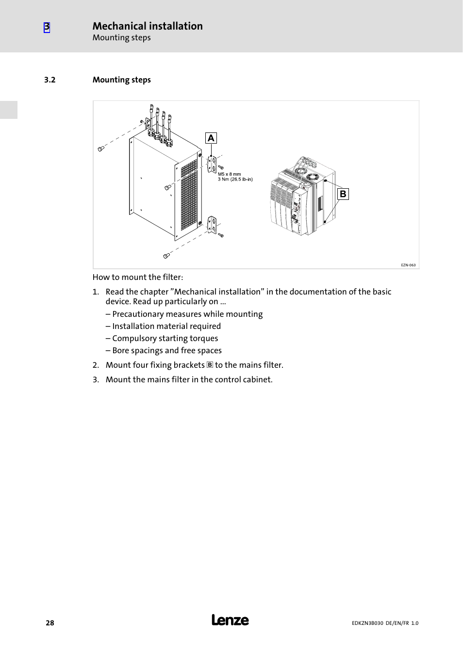 2 mounting steps, Mounting steps, Mechanical installation | Lenze EZN3B0110H030U User Manual | Page 28 / 46