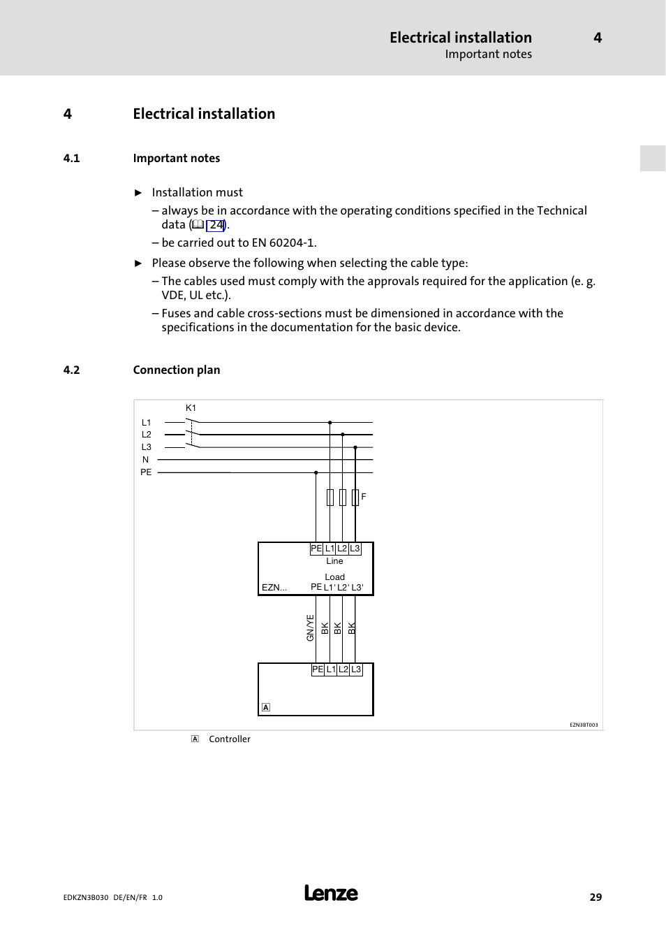 4 electrical installation, 1 important notes, 2 connection plan | Electrical installation, Important notes, Connection plan, 4electrical installation | Lenze EZN3B0110H030U User Manual | Page 29 / 46