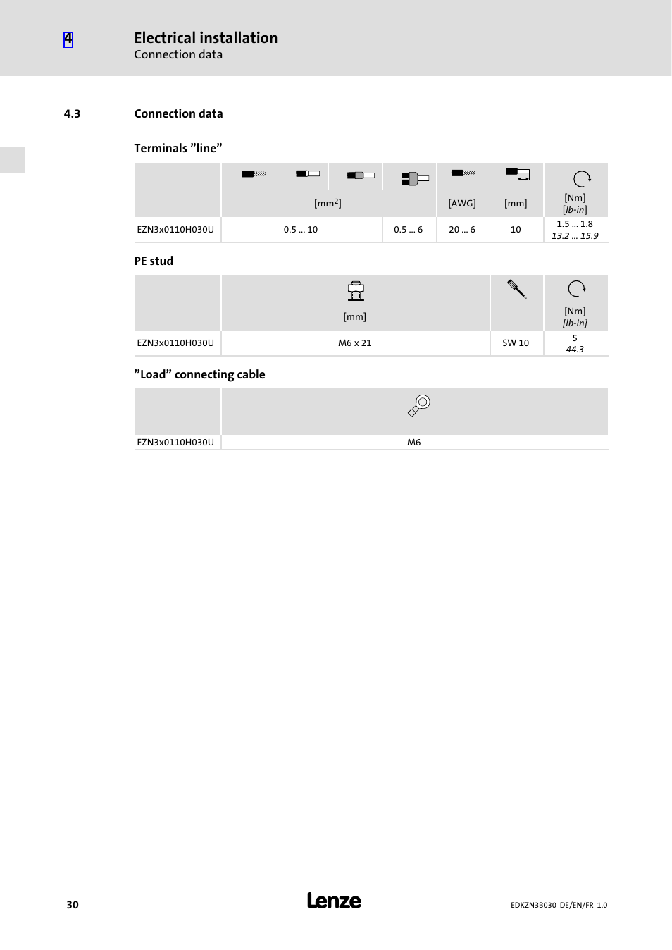 3 connection data, Connection data, Electrical installation | Lenze EZN3B0110H030U User Manual | Page 30 / 46