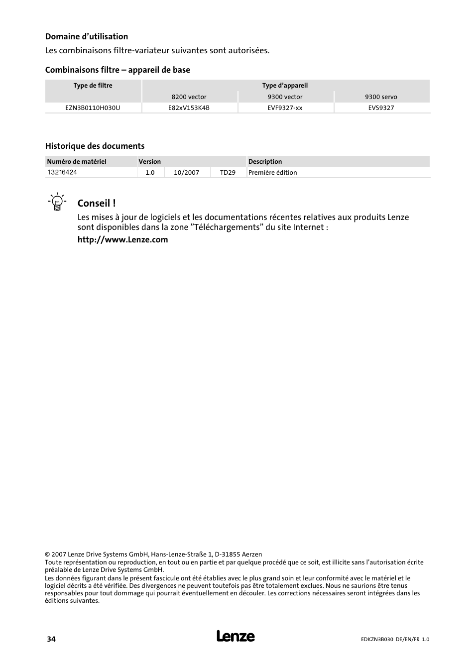 Domaine d’utilisation, Conseil | Lenze EZN3B0110H030U User Manual | Page 34 / 46