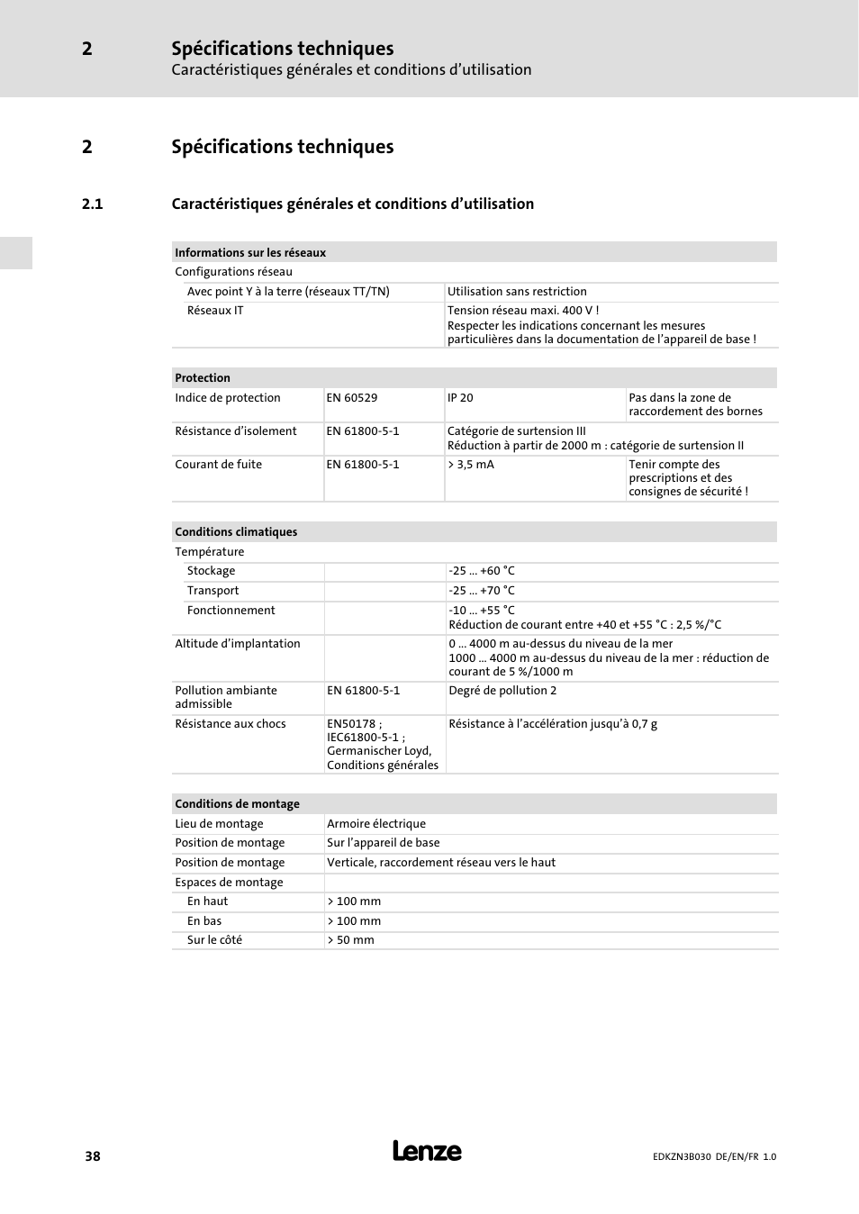 2 spécifications techniques, Spécifications techniques, 2spécifications techniques | Lenze EZN3B0110H030U User Manual | Page 38 / 46