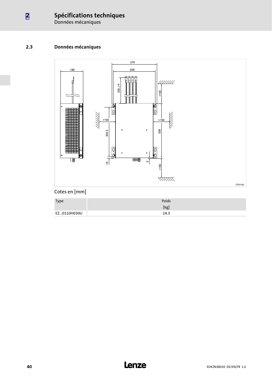 3 données mécaniques, Données mécaniques, Spécifications techniques | Lenze EZN3B0110H030U User Manual | Page 40 / 46