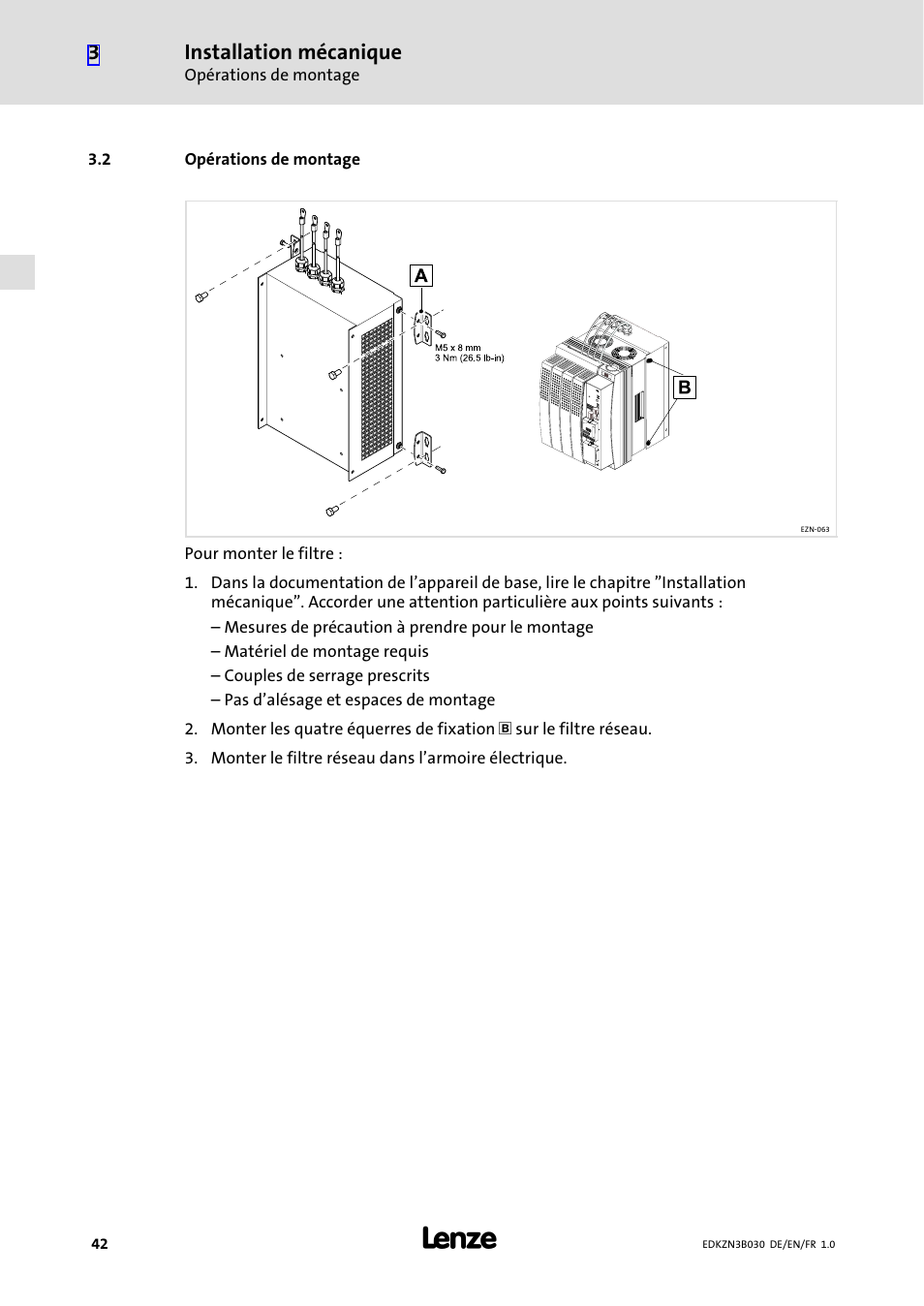 2 opérations de montage, Opérations de montage, Installation mécanique | Lenze EZN3B0110H030U User Manual | Page 42 / 46