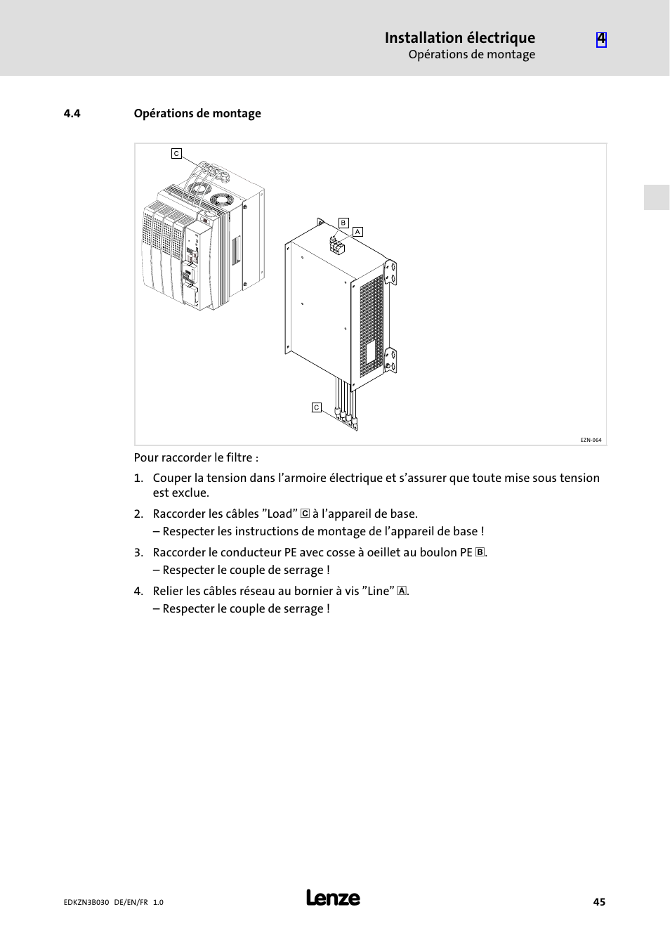 4 opérations de montage, Opérations de montage, Installation électrique | Lenze EZN3B0110H030U User Manual | Page 45 / 46