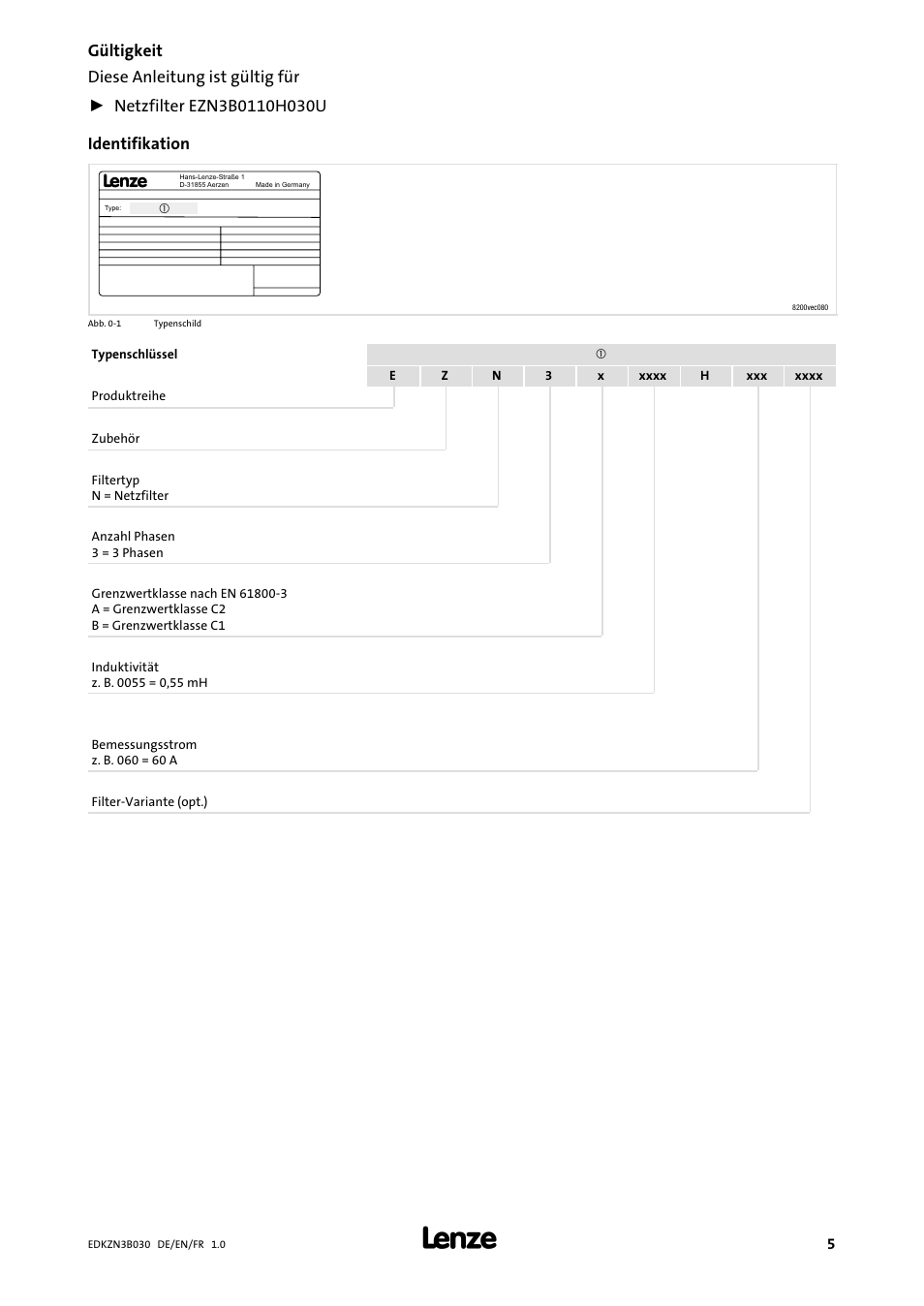 Gültigkeit | Lenze EZN3B0110H030U User Manual | Page 5 / 46
