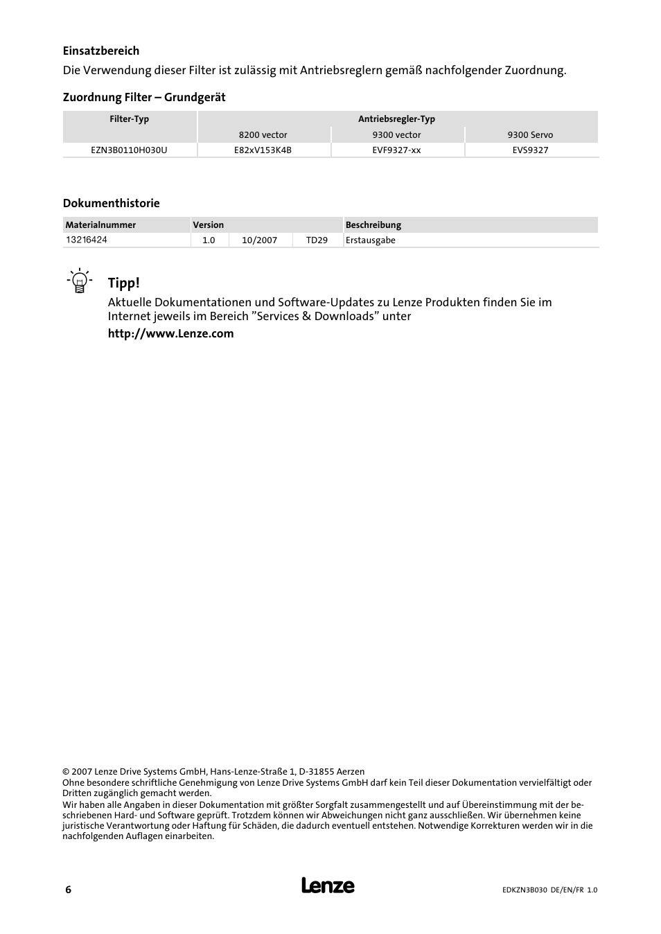 Einsatzbereich, Tipp | Lenze EZN3B0110H030U User Manual | Page 6 / 46