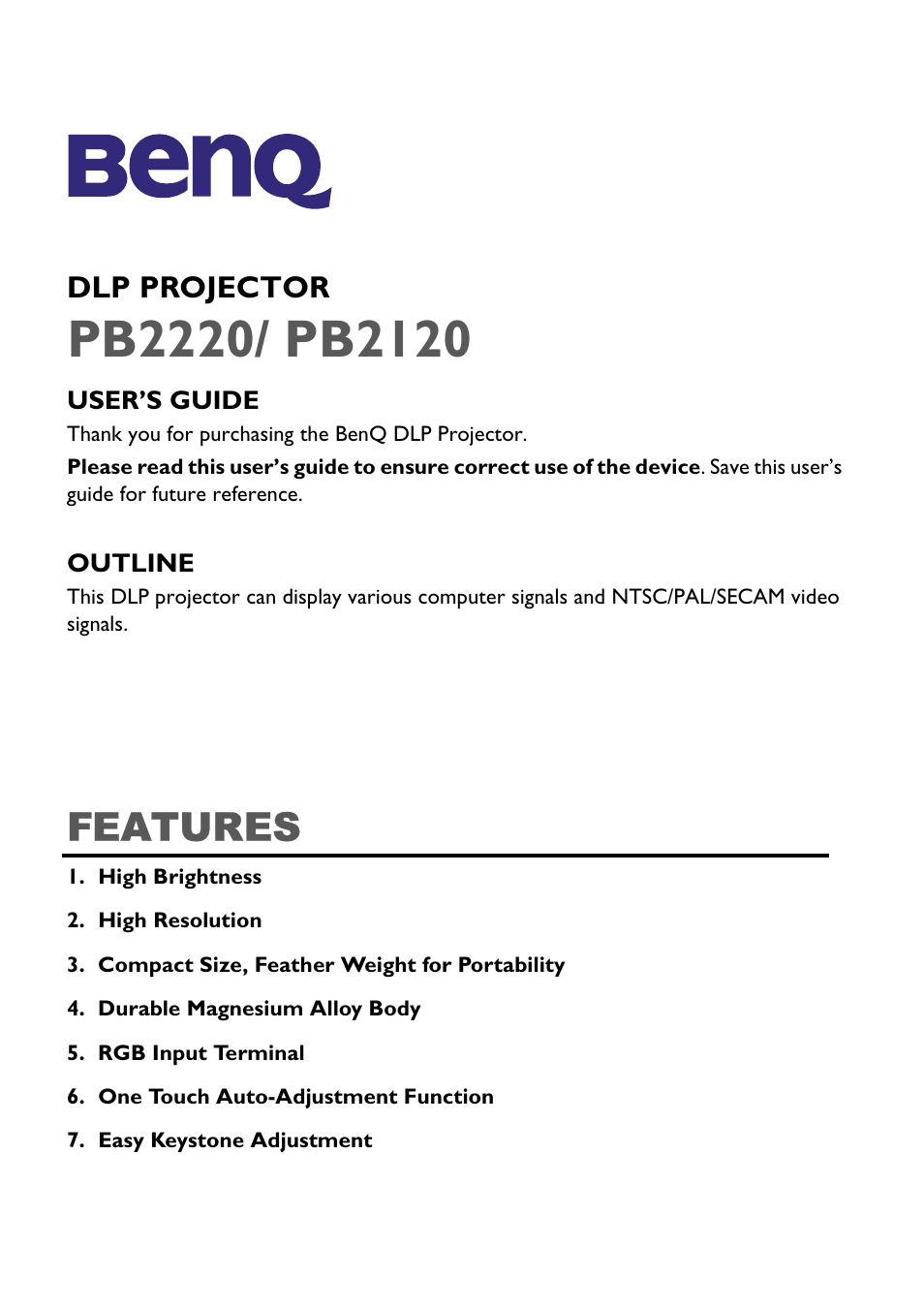 BenQ PB2120 User Manual | 34 pages