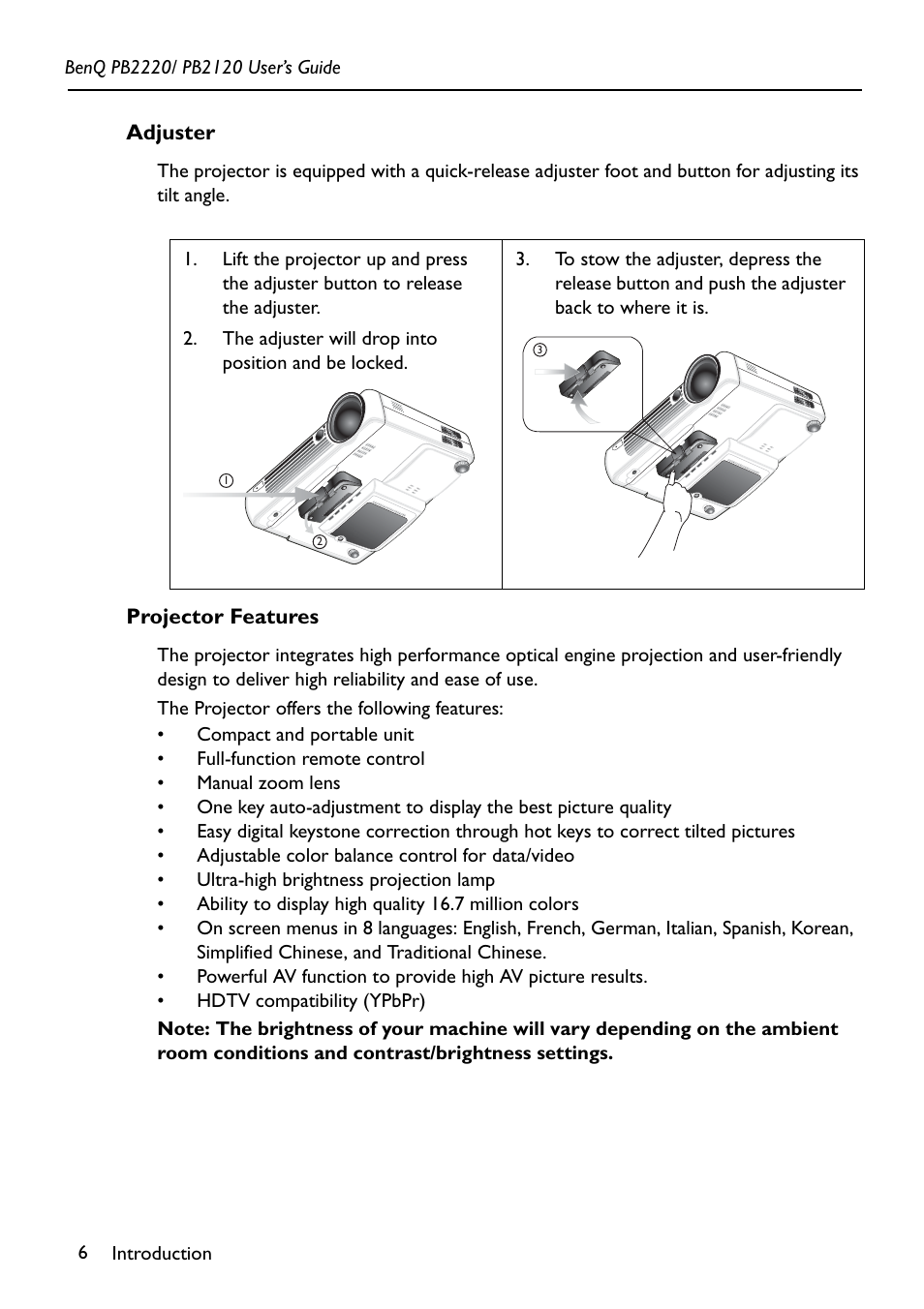 Adjuster, Projector features, Adjuster projector features | BenQ PB2120 User Manual | Page 10 / 34