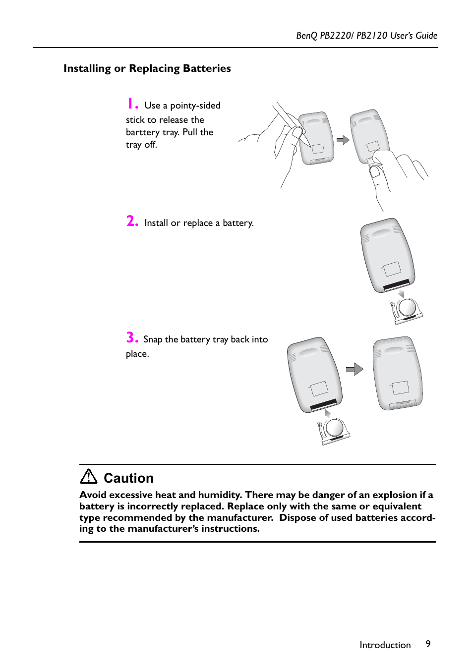 Installing or replacing batteries, Caution | BenQ PB2120 User Manual | Page 13 / 34