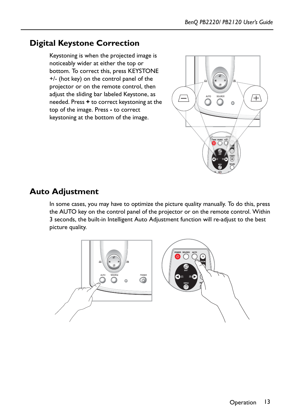 Digital keystone correction, Auto adjustment | BenQ PB2120 User Manual | Page 17 / 34