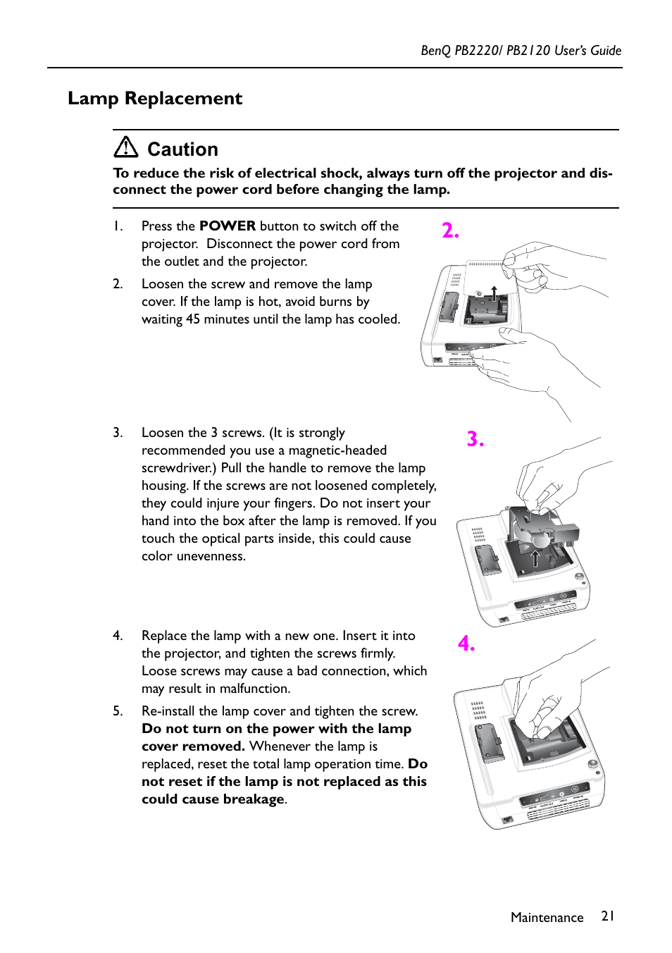 Lamp replacement, Lamp replacement caution | BenQ PB2120 User Manual | Page 25 / 34