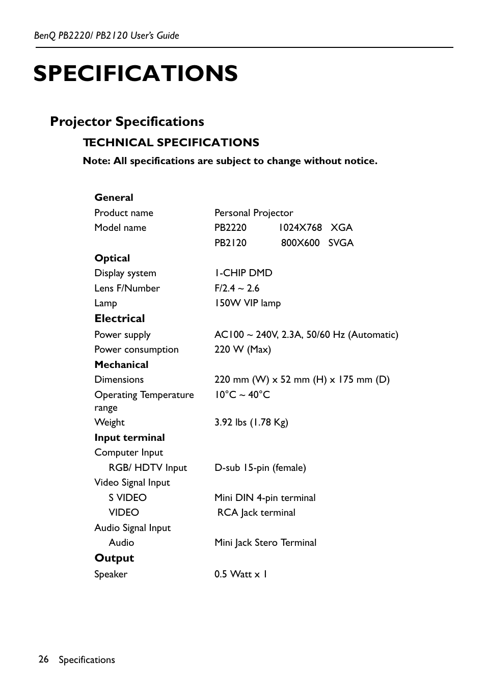 Specifications, Projector specifications | BenQ PB2120 User Manual | Page 30 / 34