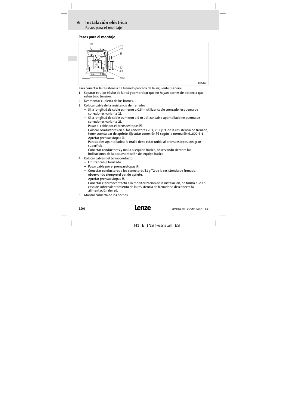 Pasos para el montaje, 6instalación eléctrica | Lenze ERBSxxxxxxxx User Manual | Page 104 / 132