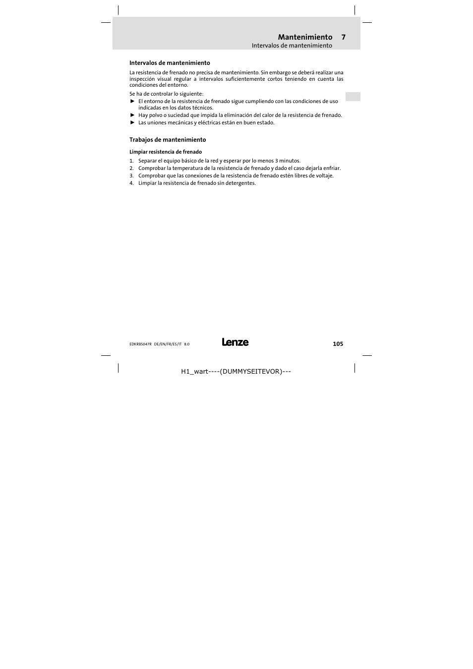 7 mantenimiento, Intervalos de mantenimiento, Trabajos de mantenimiento | Mantenimiento | Lenze ERBSxxxxxxxx User Manual | Page 105 / 132